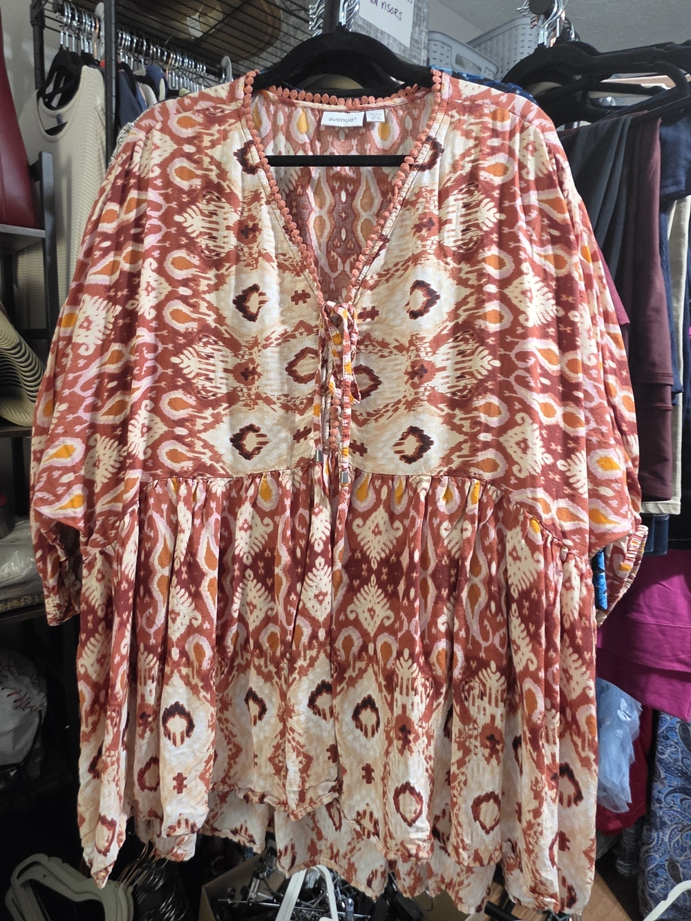 AVENUE Boho Tie-Front Peasant Tunic Top - Rust Multi